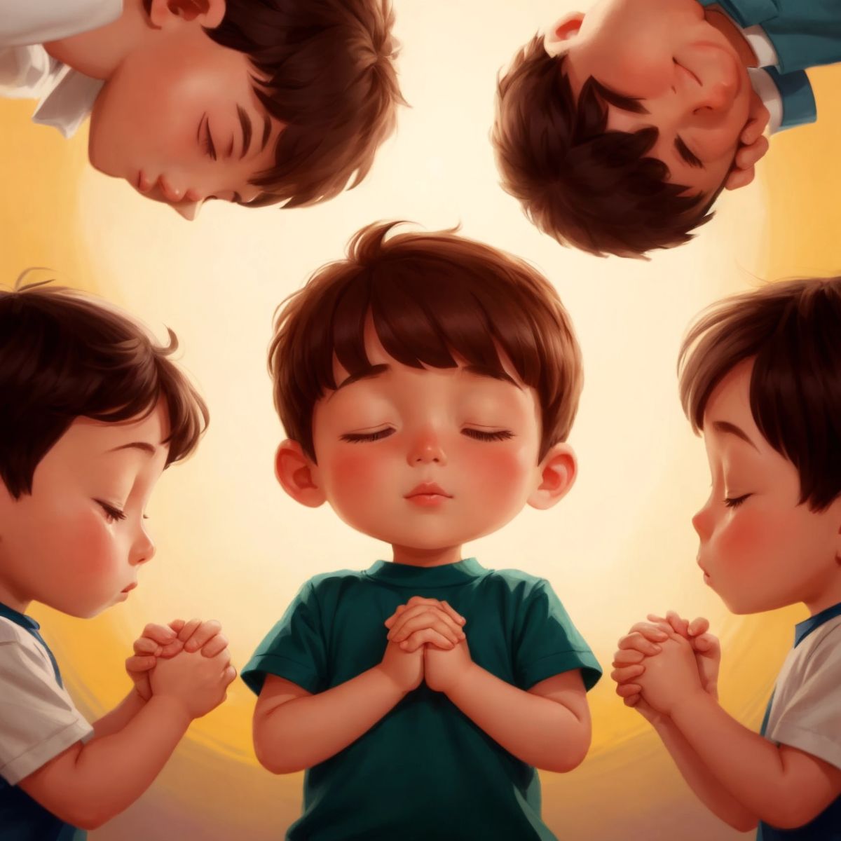 Silas, John, and Peter holding hands in a circle, with their eyes closed in prayer