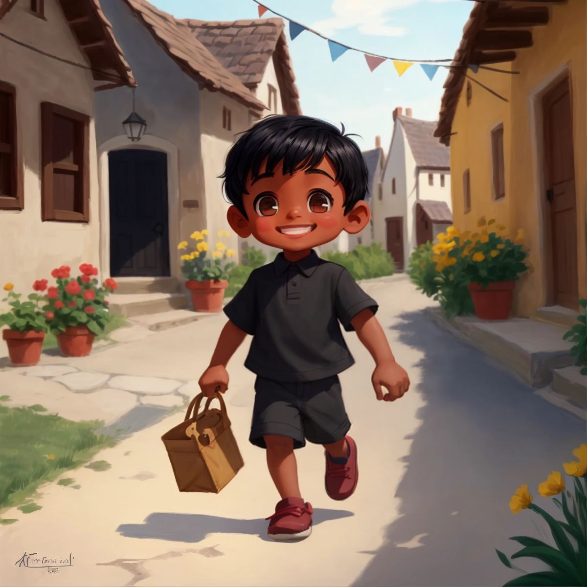 Peter walking through the village, smiling and holding a hand-painted card