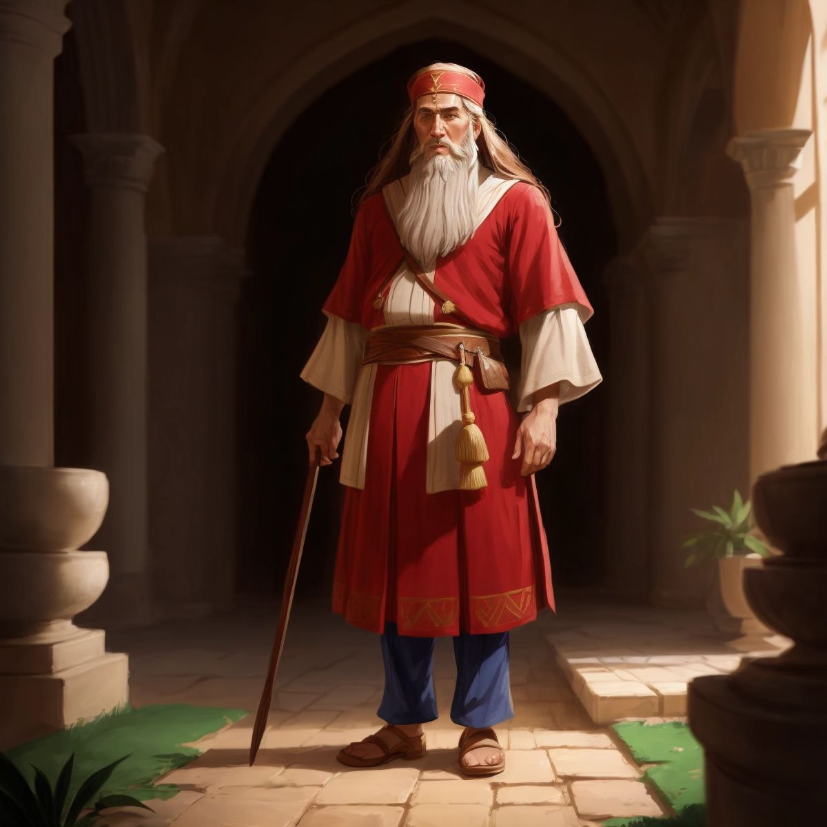 An older Moses standing confidently in a palace, looking determined