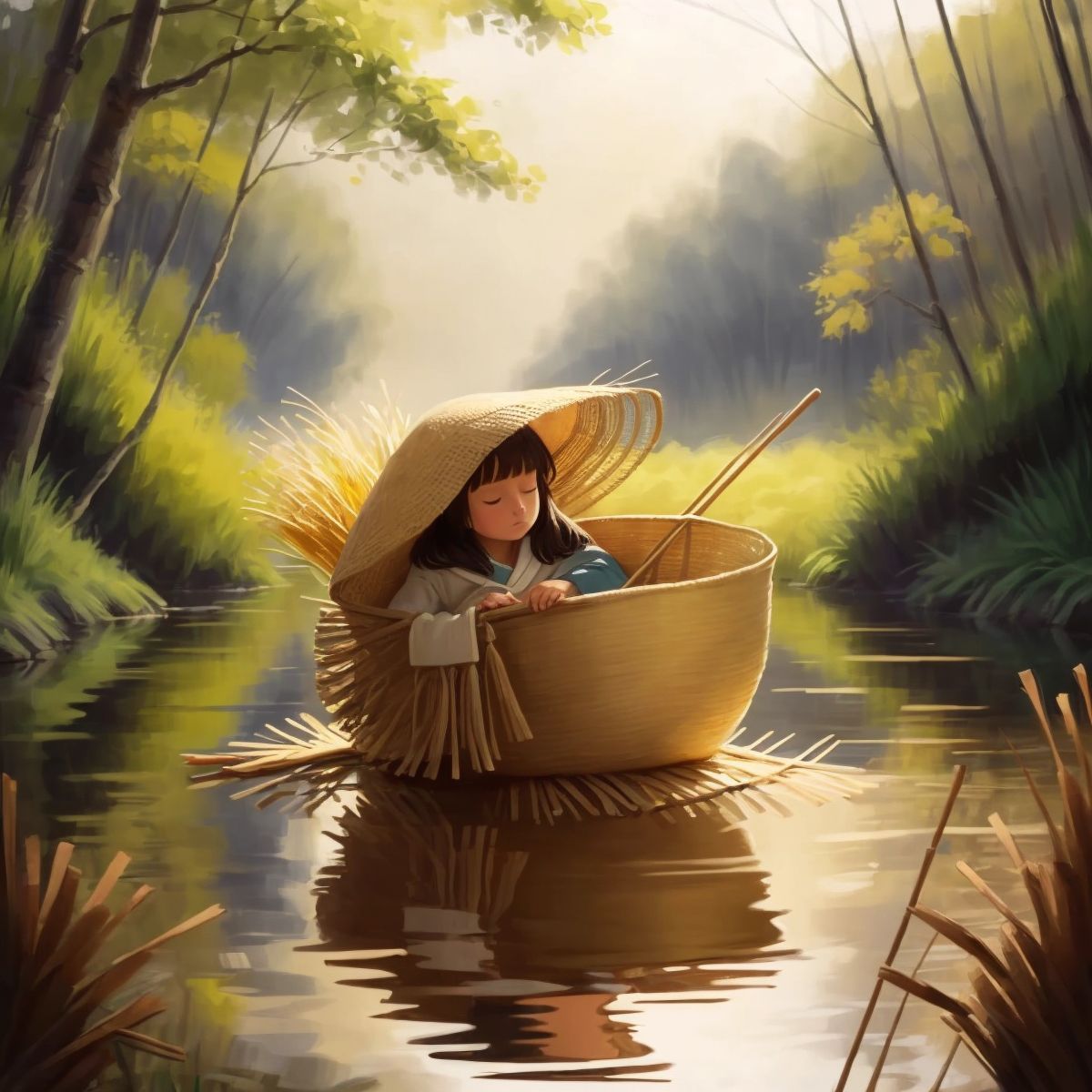 A basket made of reeds covered with a soft blanket, floating on the river