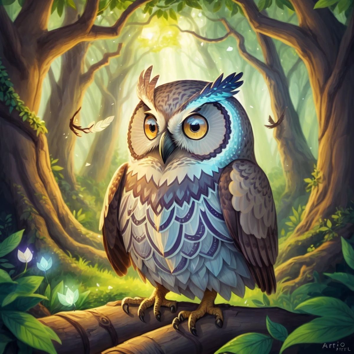 A wise old owl with shimmering feathers