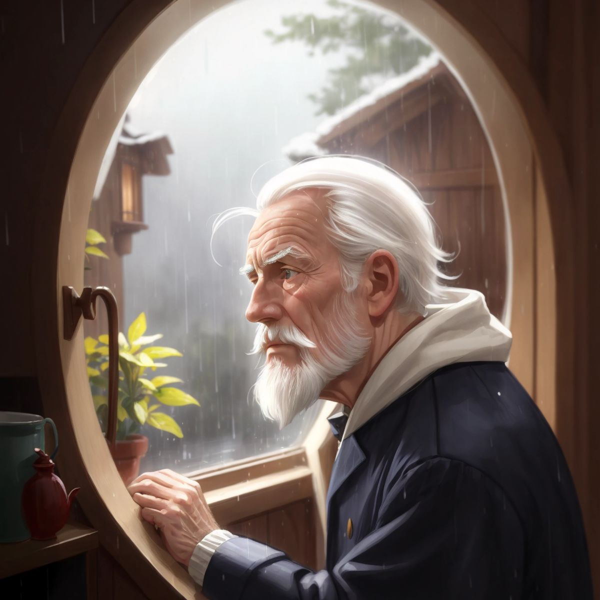 Noah looking out of a window of the ark, with rain pouring down outside