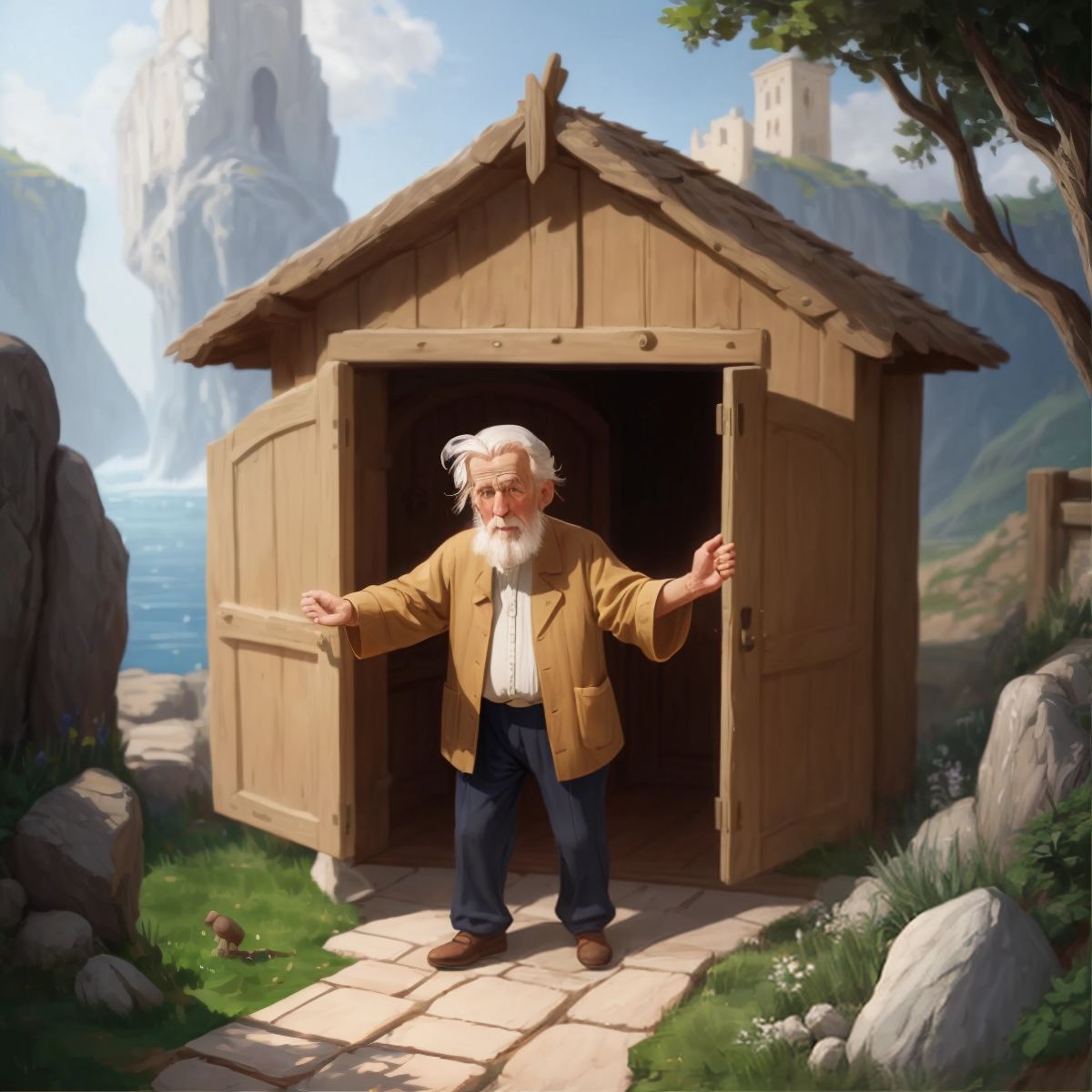 Noah opening the door of the ark, with dry land visible outside