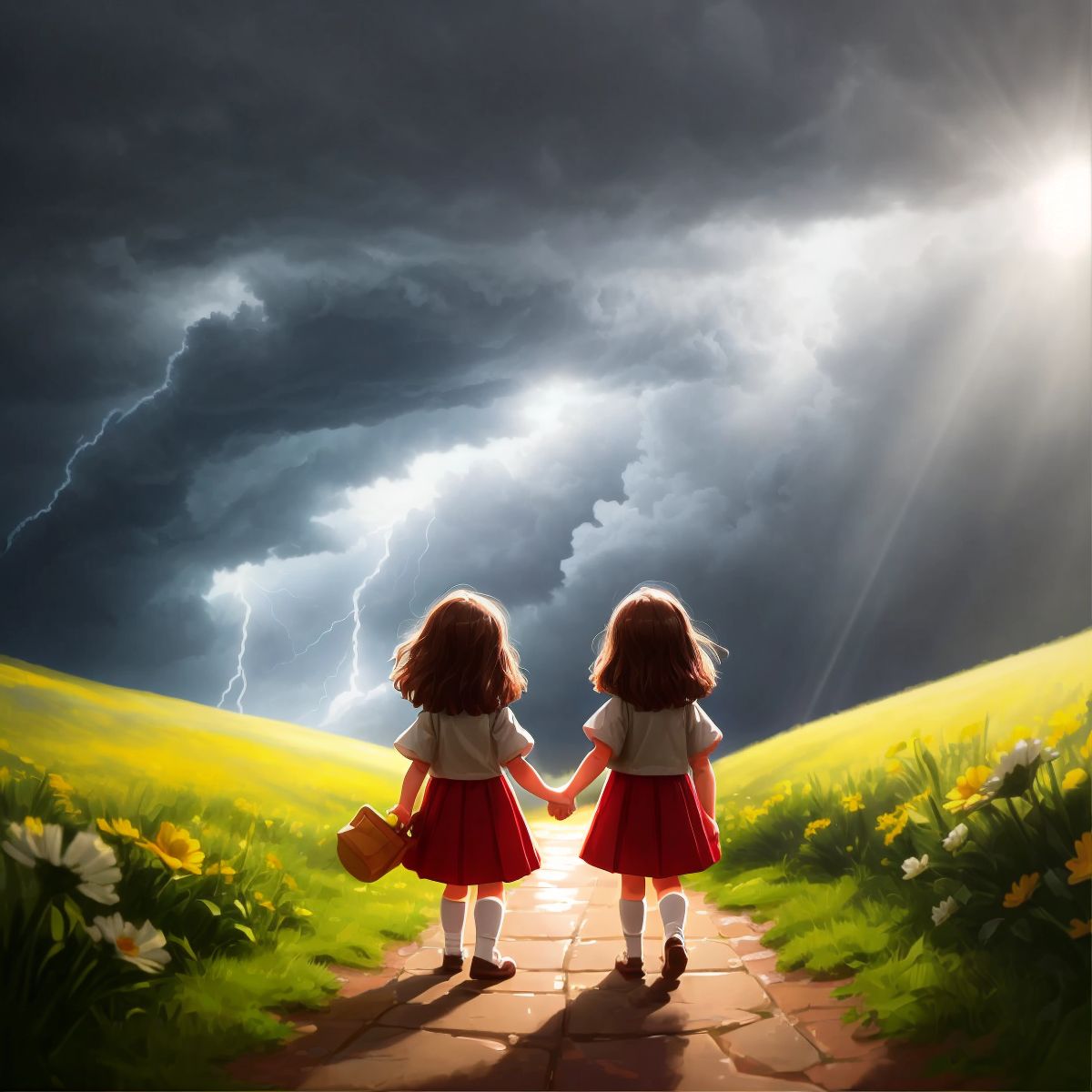 Dian and Lia holding hands, with sunshine breaking through the stormy clouds