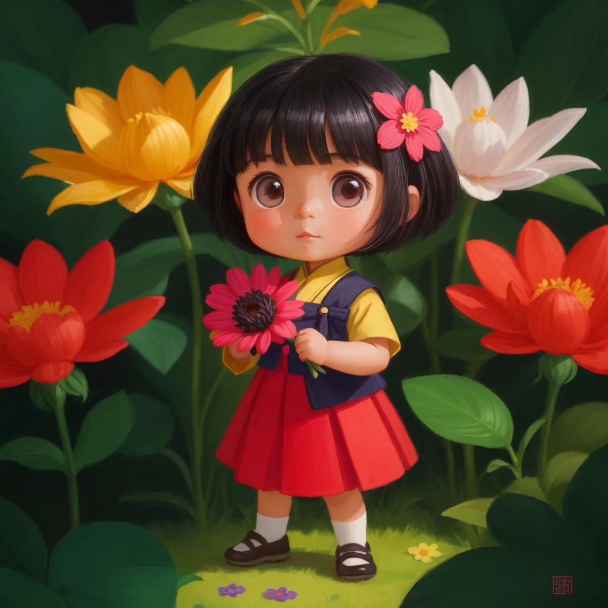 Dian holding a vibrant colored flower in her hands