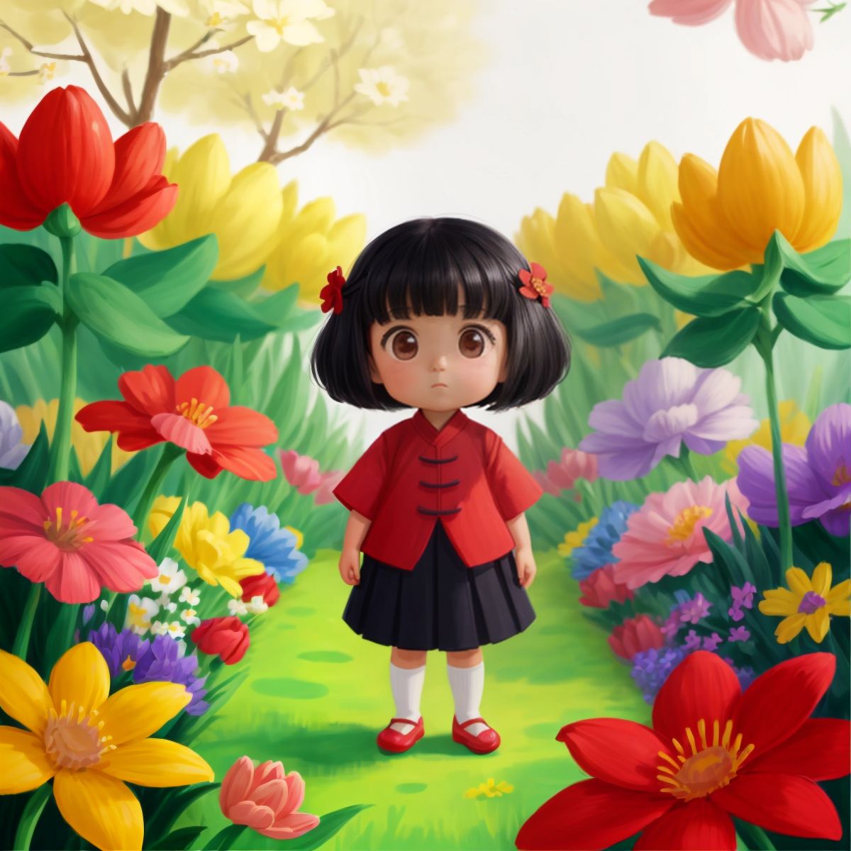 Dian with medium black hair, in a garden full of colorful flowers