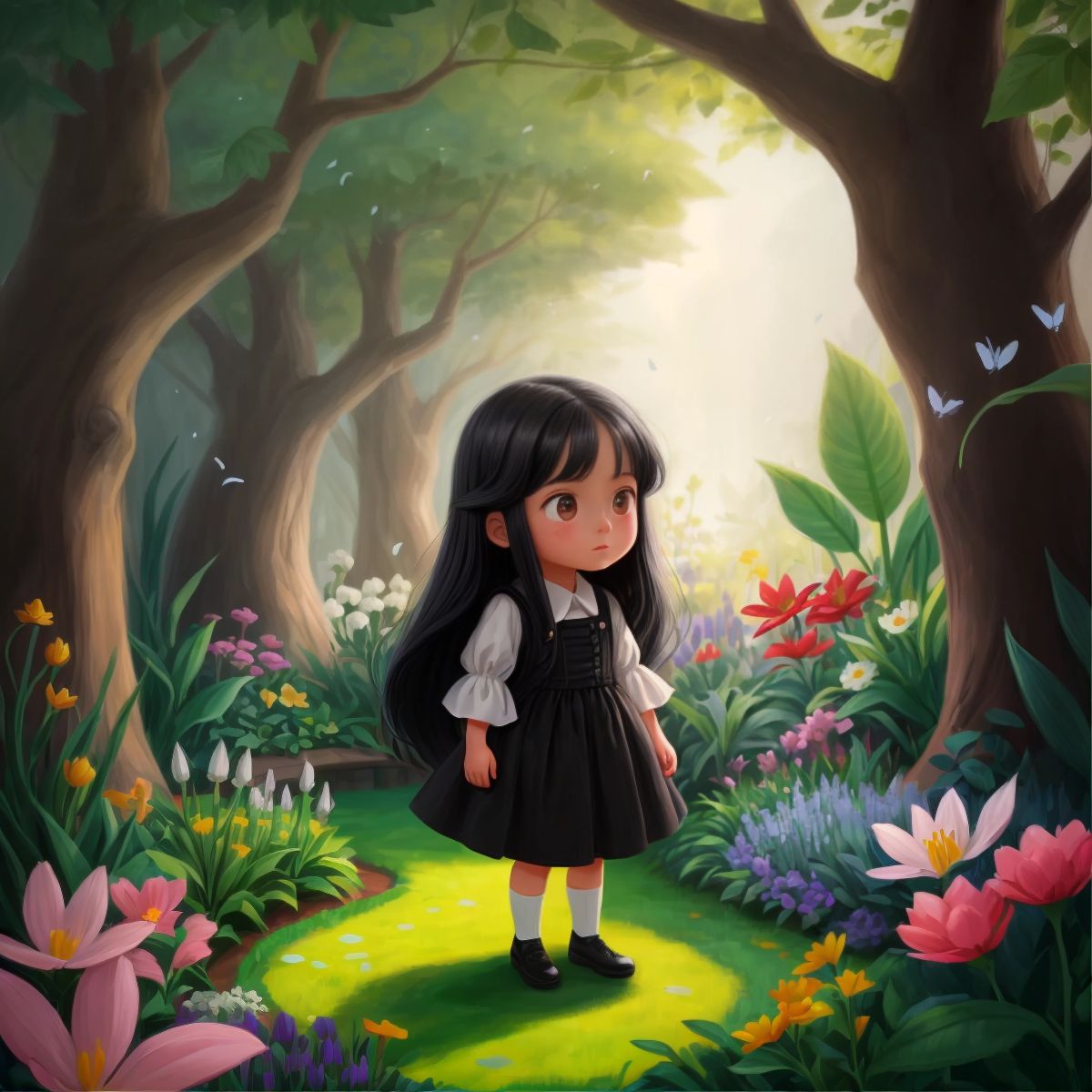 Lia with long black hair in a magical garden