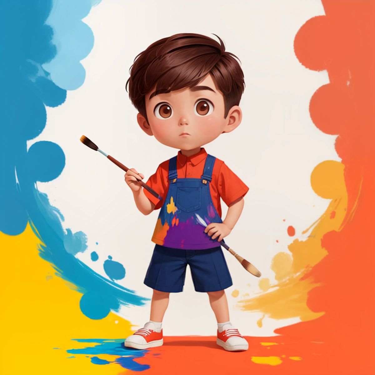 Oliver holding a paintbrush, surrounded by vibrant colors