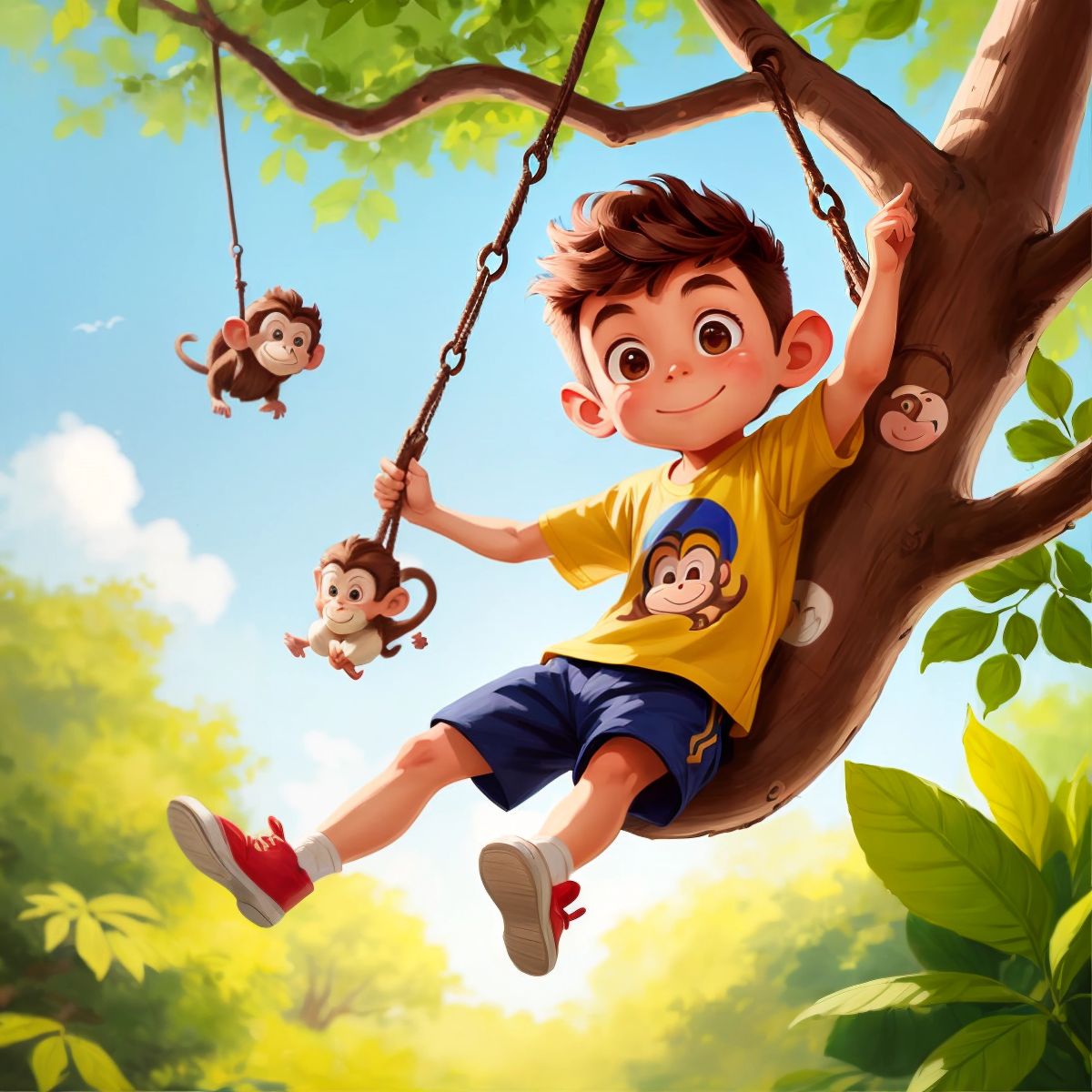 A mischievous monkey swinging from a tree