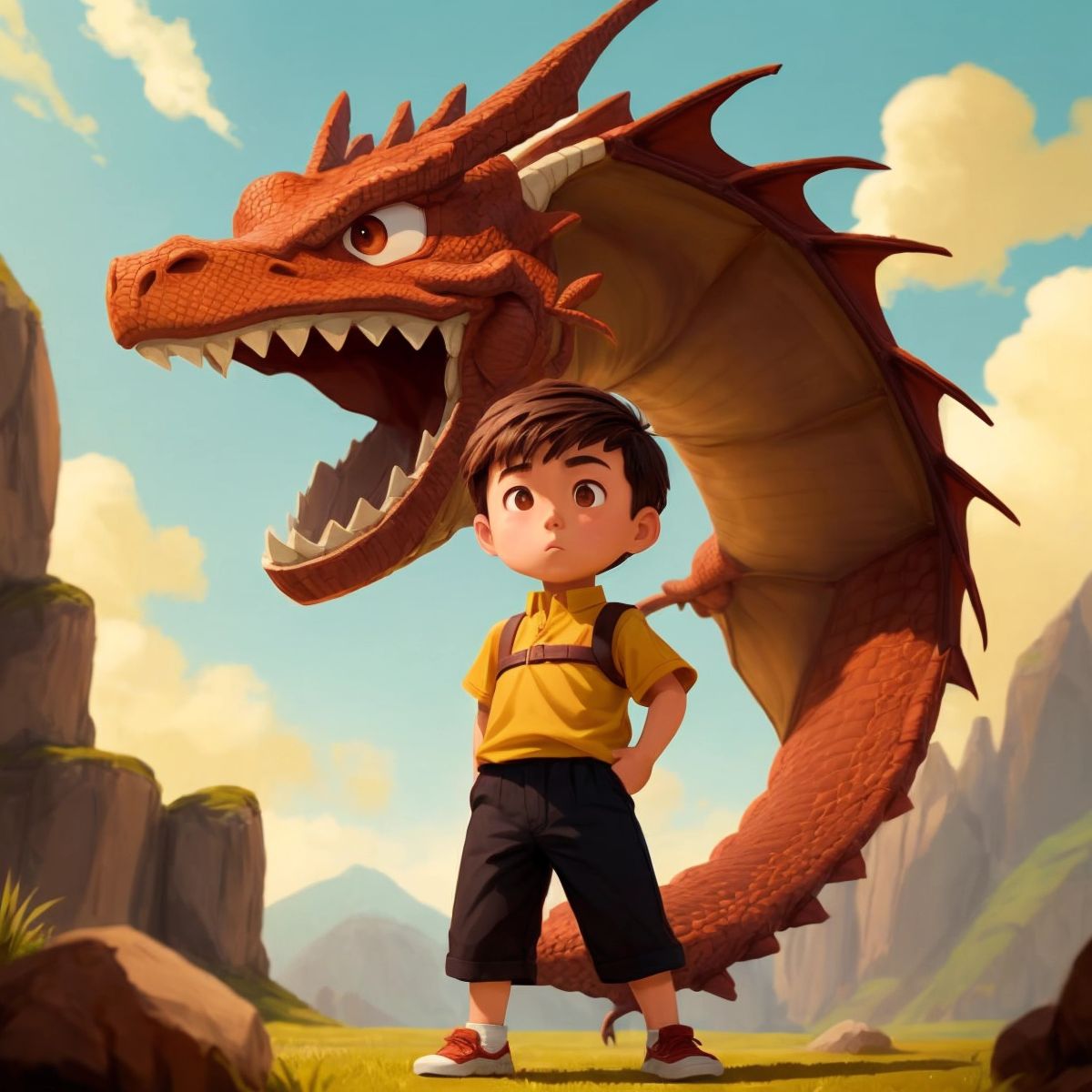 Oliver standing tall, facing a fearsome dragon