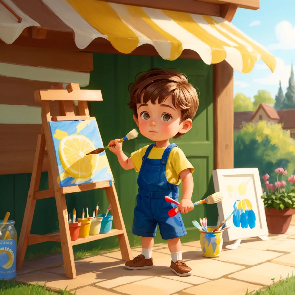 Timmy painting a lemonade stand, with paintbrush in hand