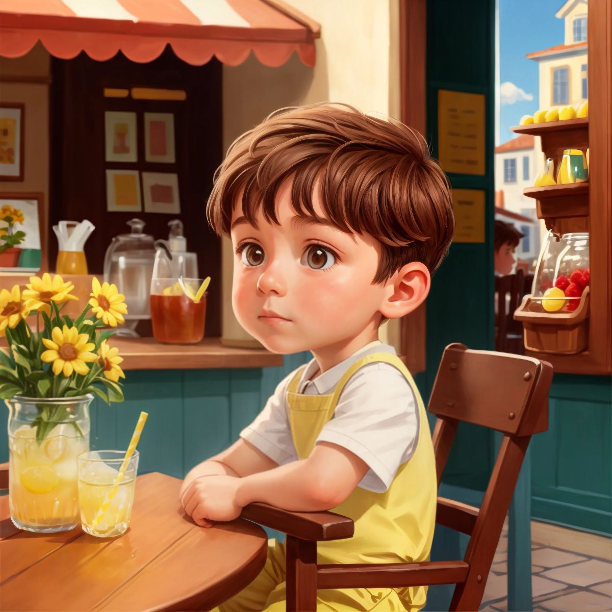 Timmy sitting on a chair, looking thoughtful, with the lemonade stand in the background