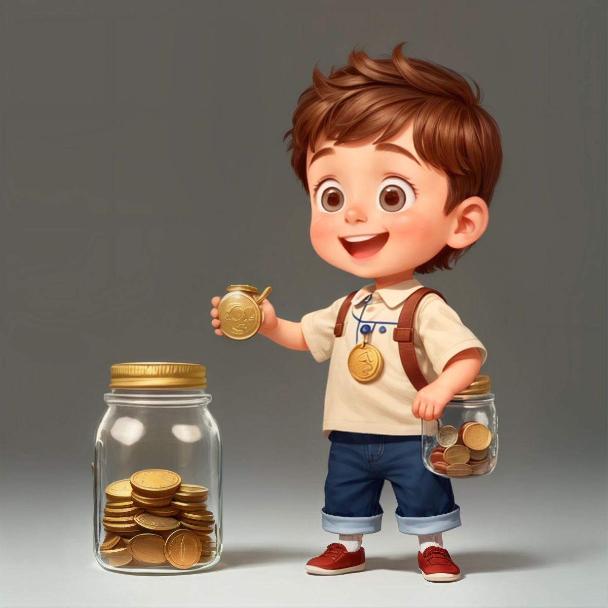 Timmy holding a jar with coins inside, looking excited