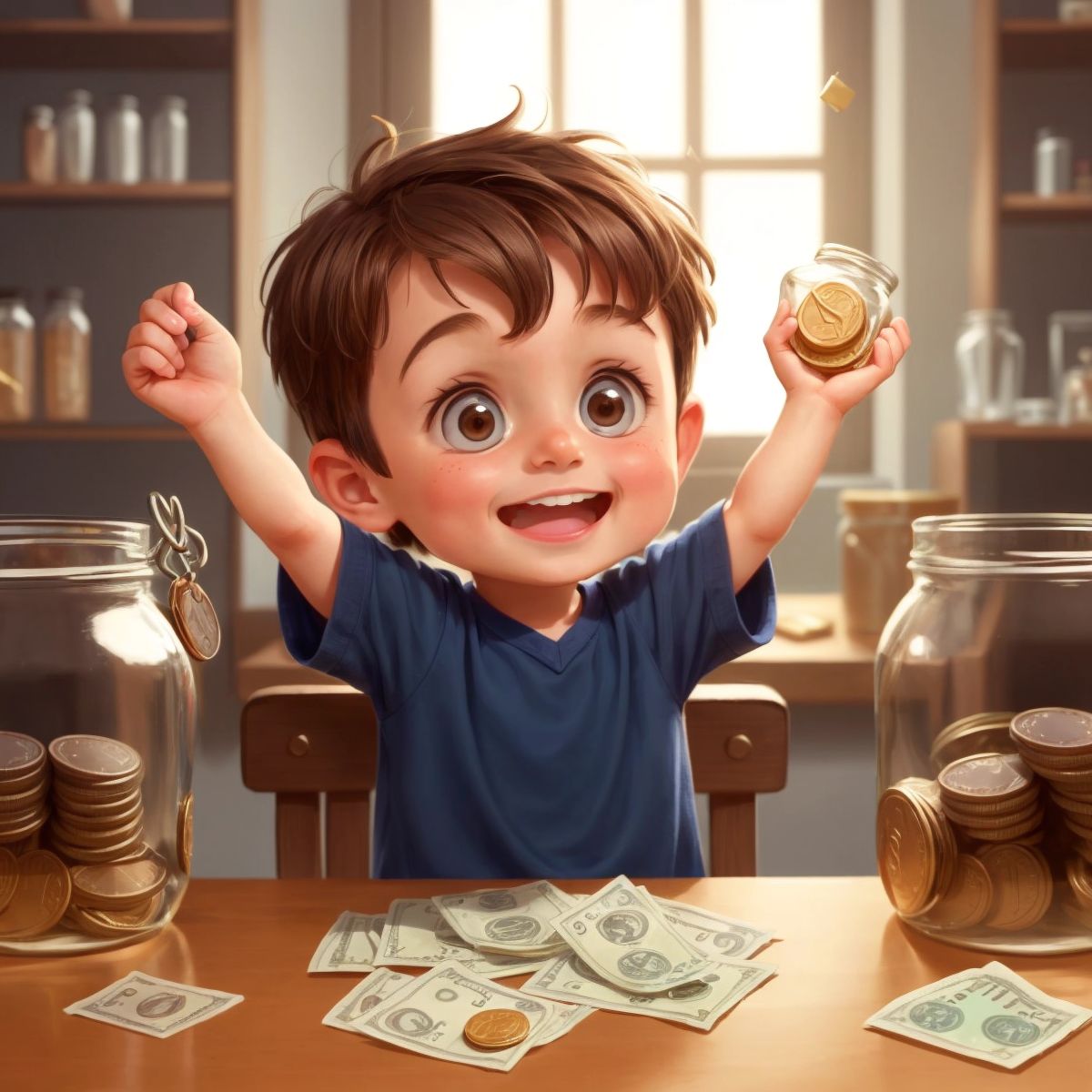 Timmy counting money in his jar, with a happy expression on his face