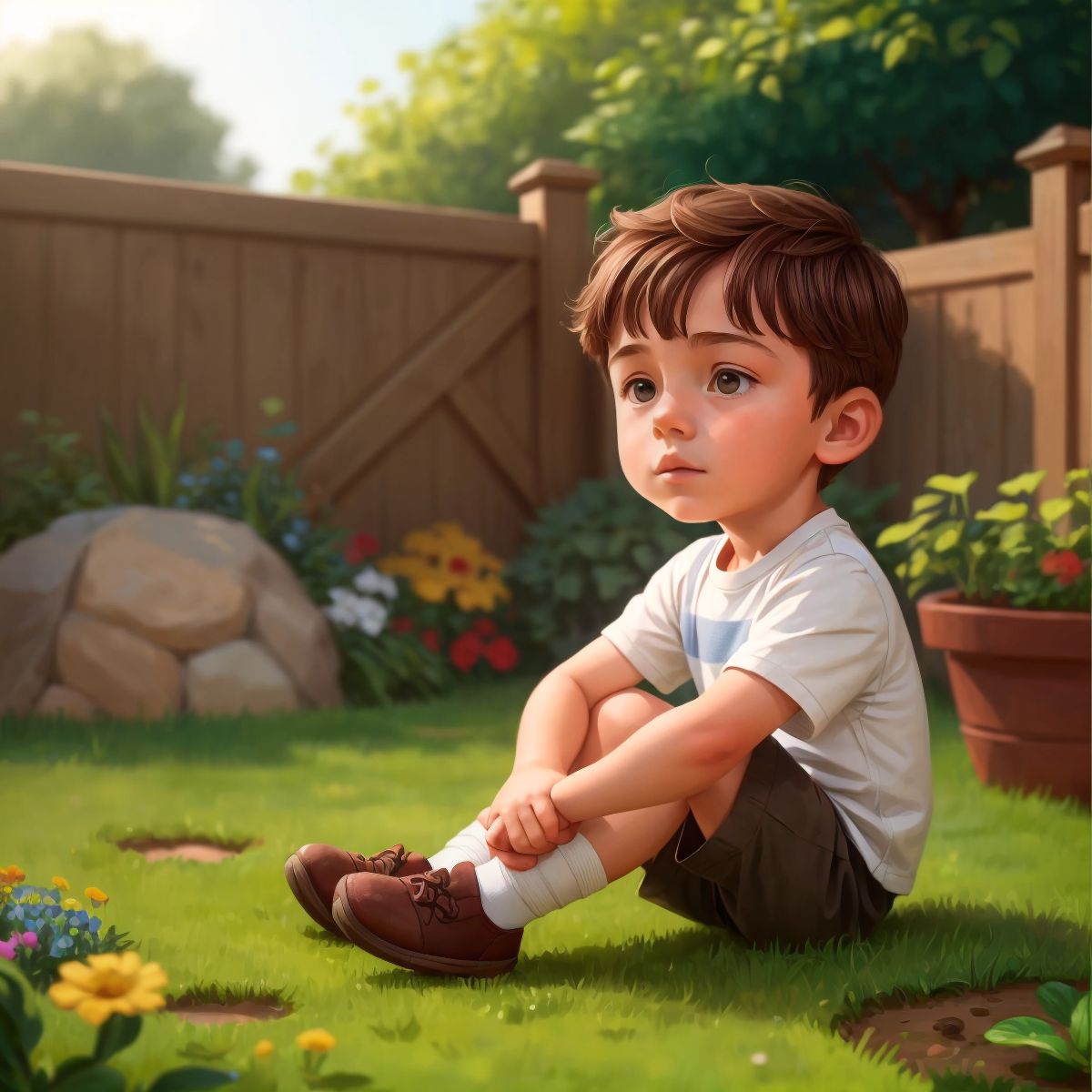 Timmy playing in his backyard, with a thoughtful expression on his face