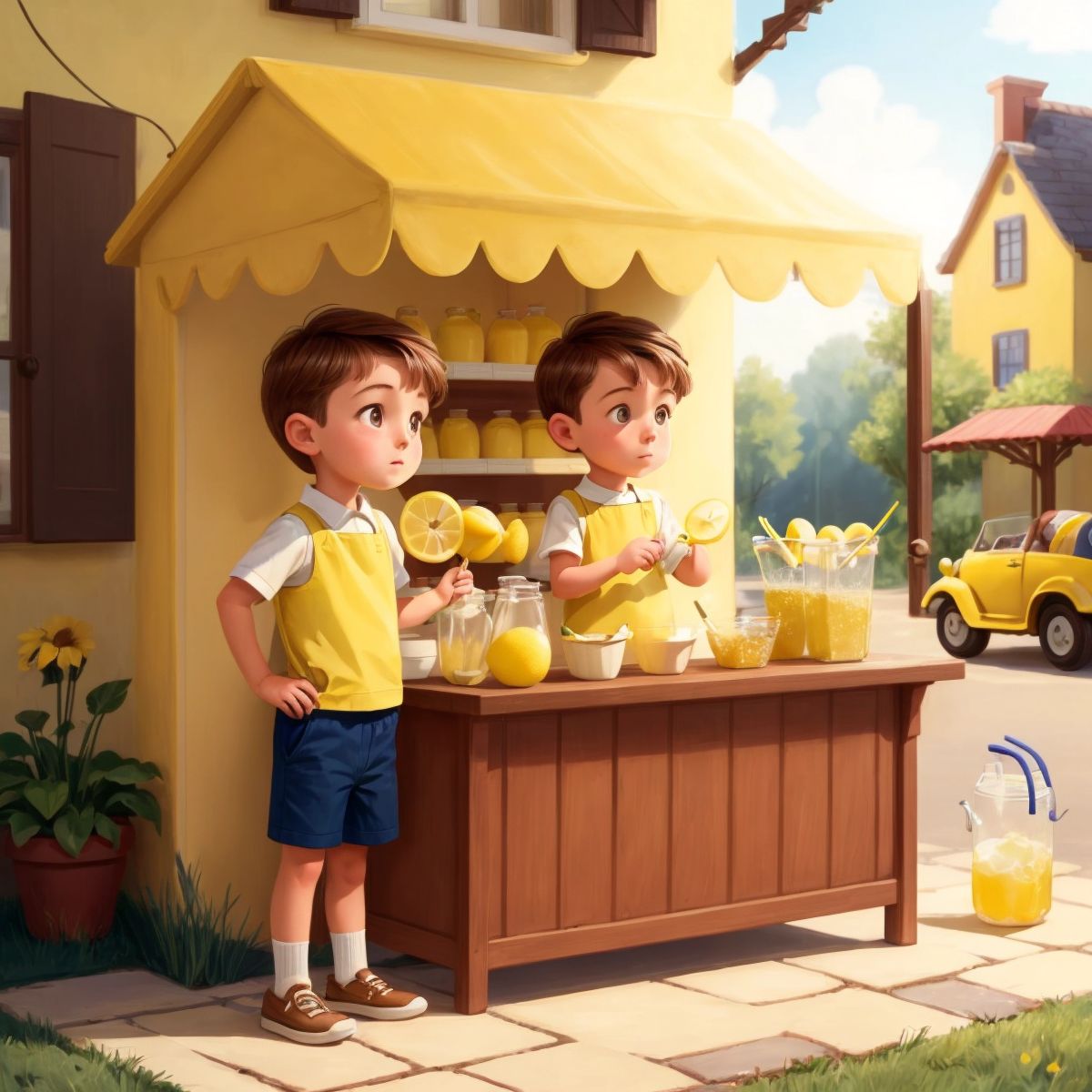 Timmy standing behind the lemonade stand, serving lemonade to a customer