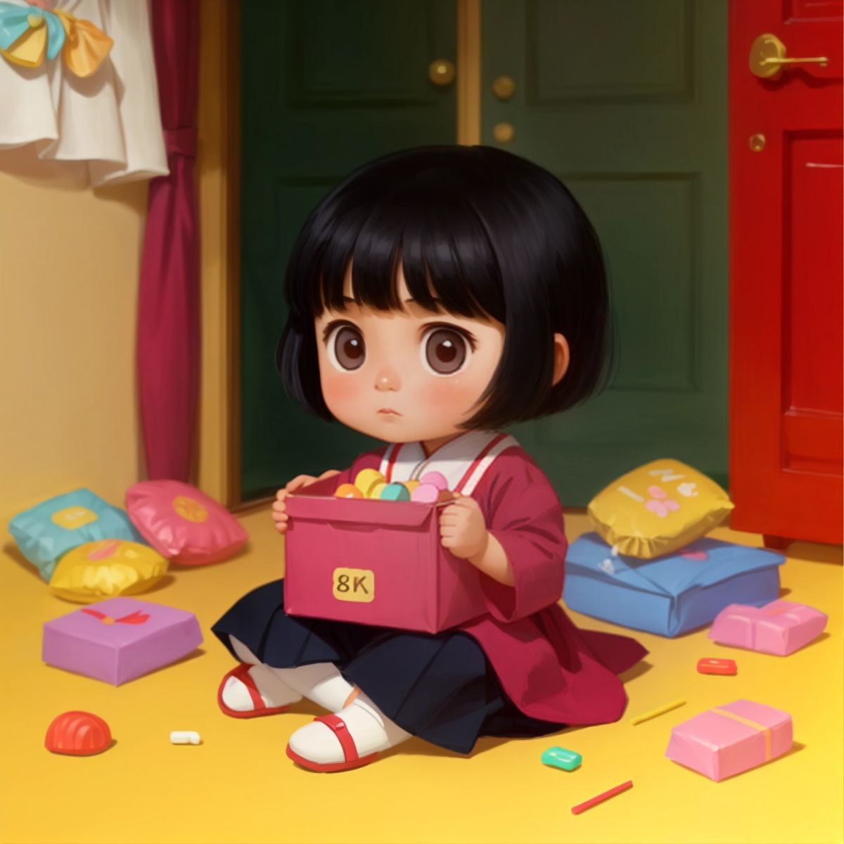 Elle looking worried in her room with the box of candies missing.