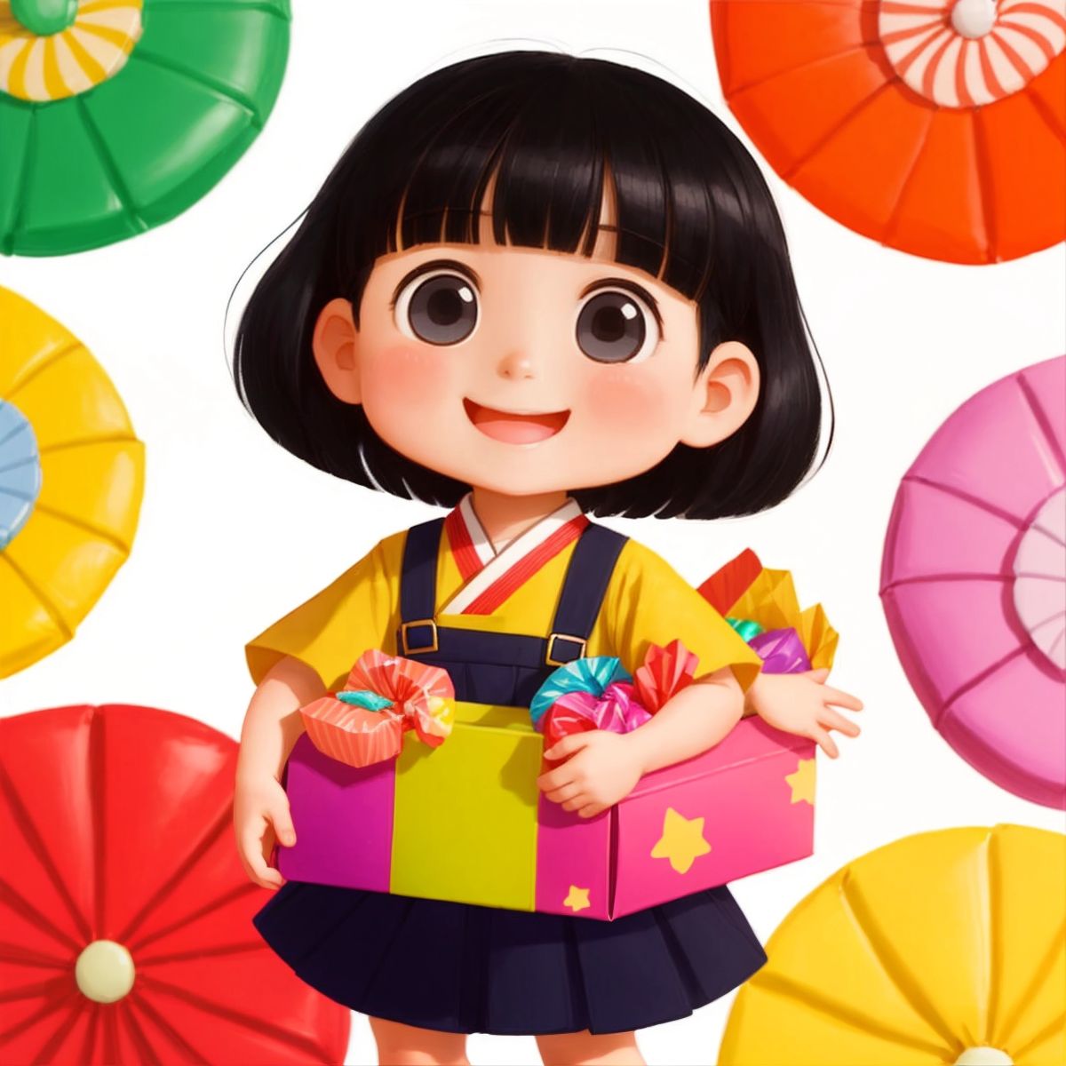 Elle holding a box of colorful candies with a big smile on her face.