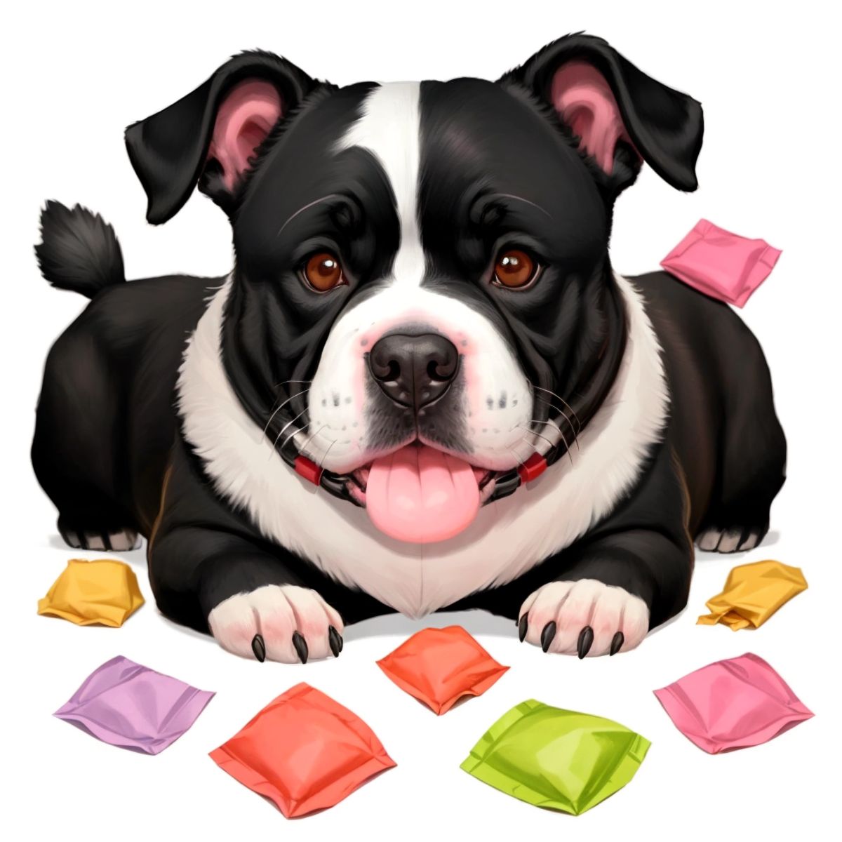 Daisy, the dog, happily chewing on candy wrappers.