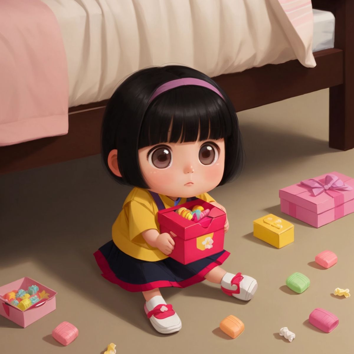 Elle hiding the box of candies under her bed.