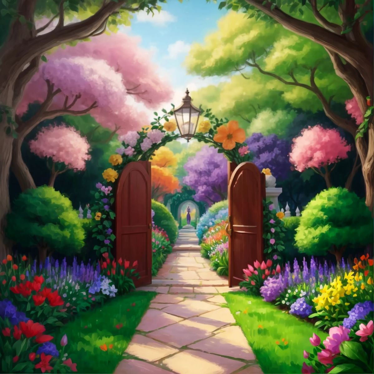 Entrance of the enchanted garden filled with colorful flowers