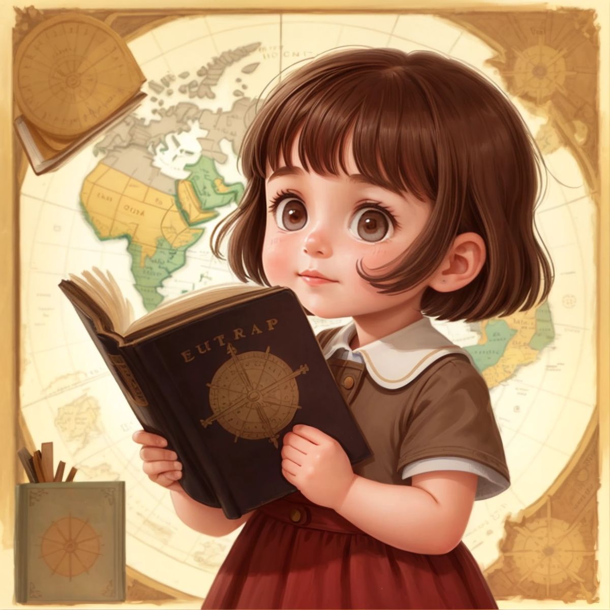 Diana holding an old dusty book with a map inside