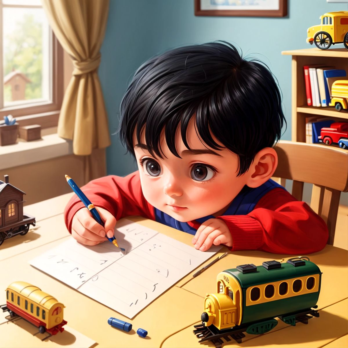 Ben writing a letter with a toy train in the background