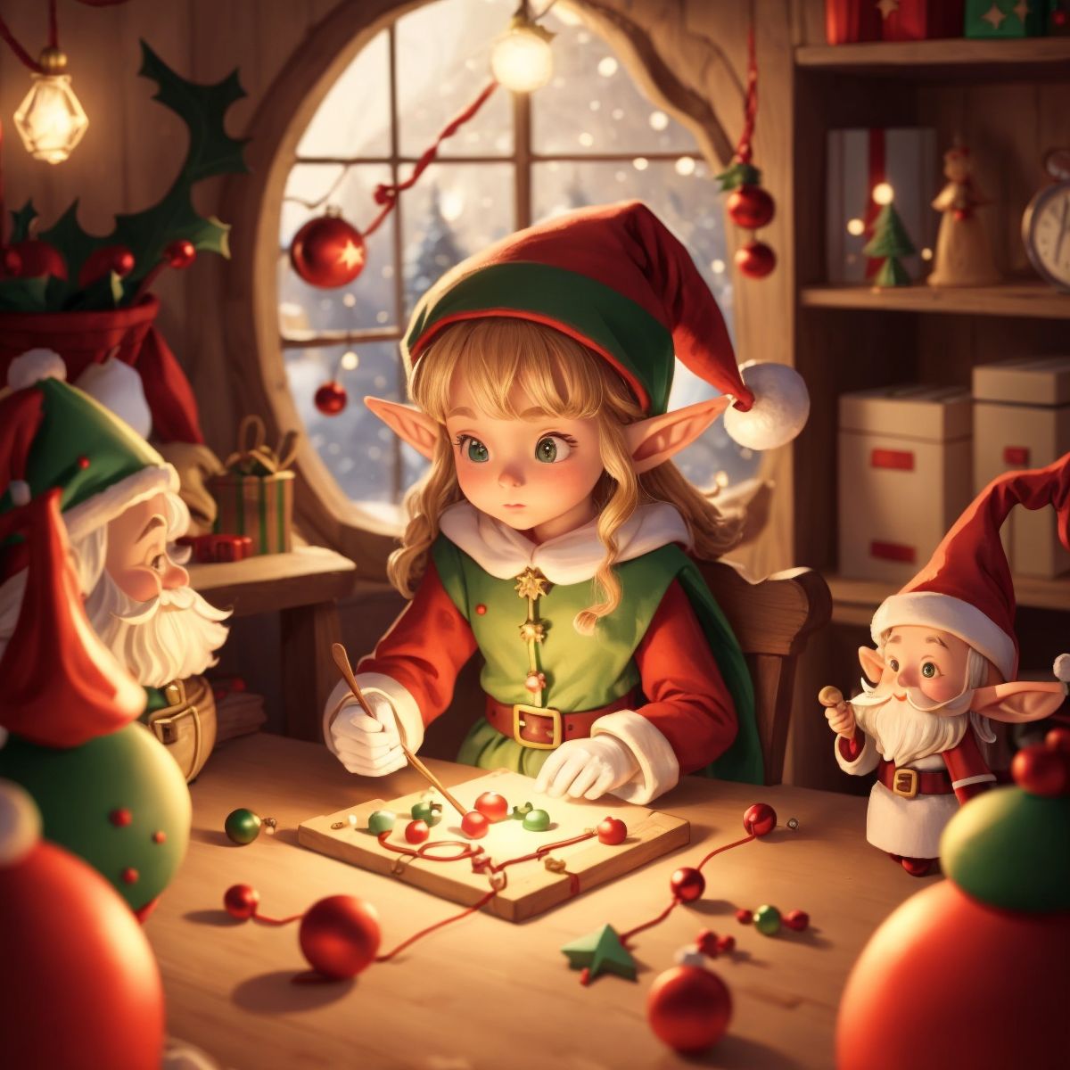 An elf making toys in Santa's workshop