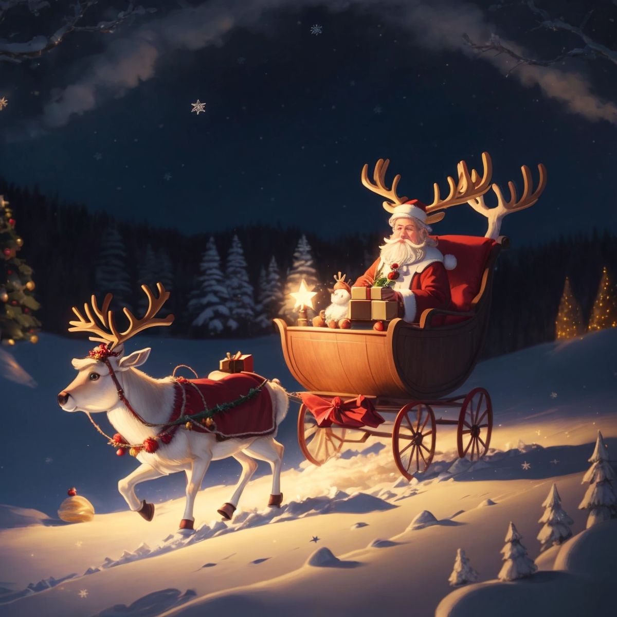 A reindeer pulling Santa's sleigh in the starry night sky