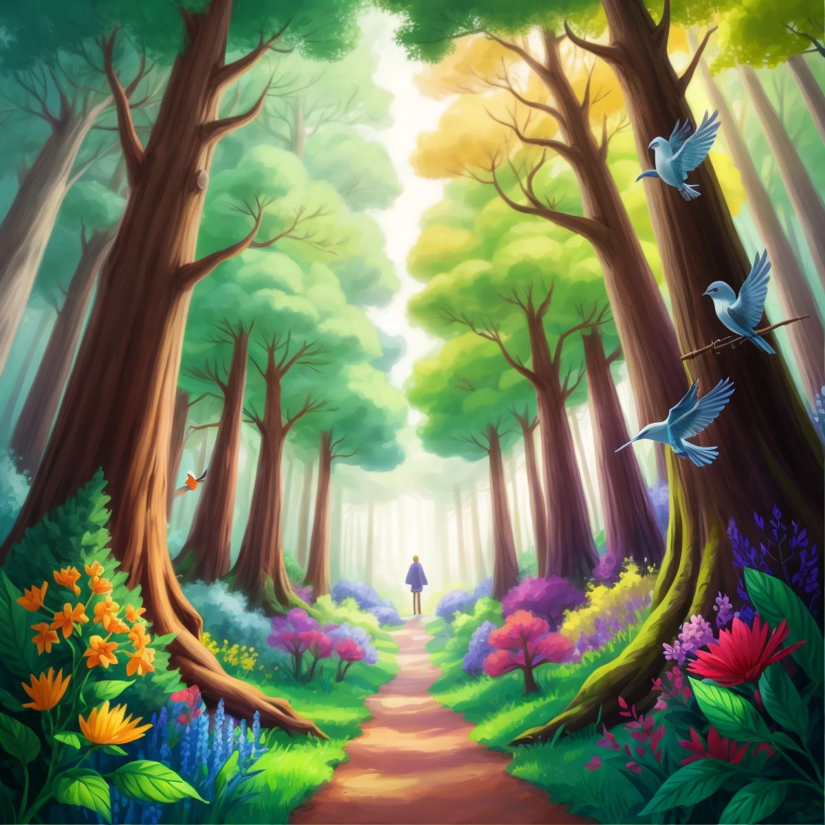 Tall trees, colorful flowers, and birds in the Enchanted Forest