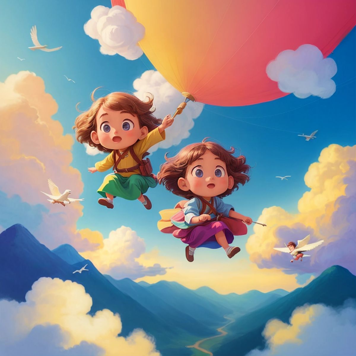 Benny and Bella on a colorful flying carpet soaring above fluffy clouds