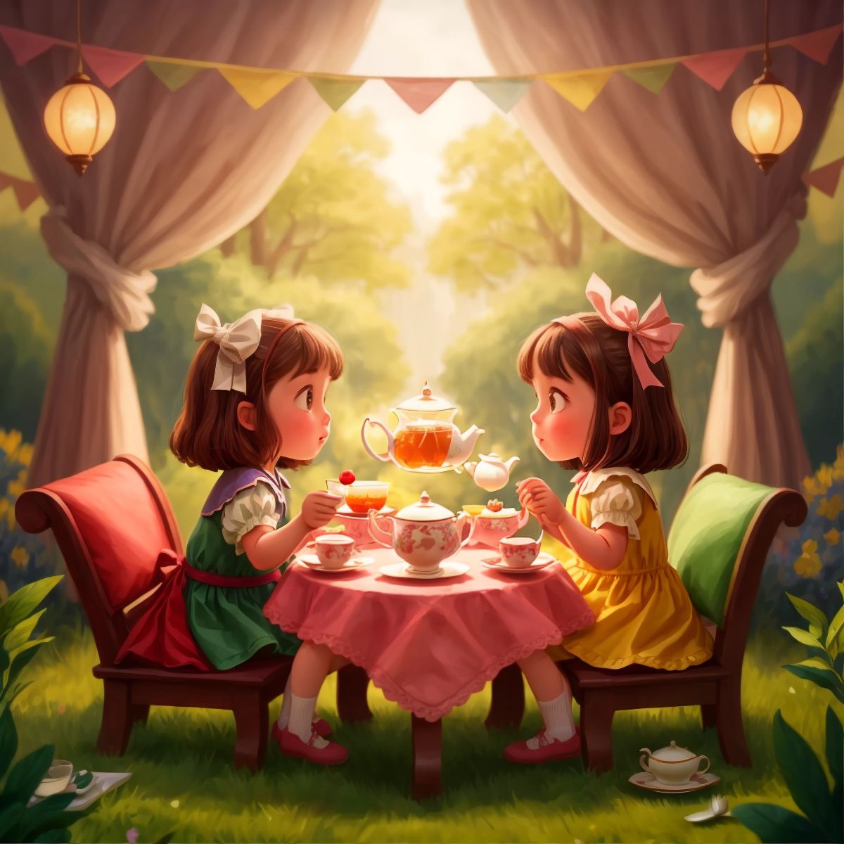 Benny and Bella having a tea party with a friendly dragon