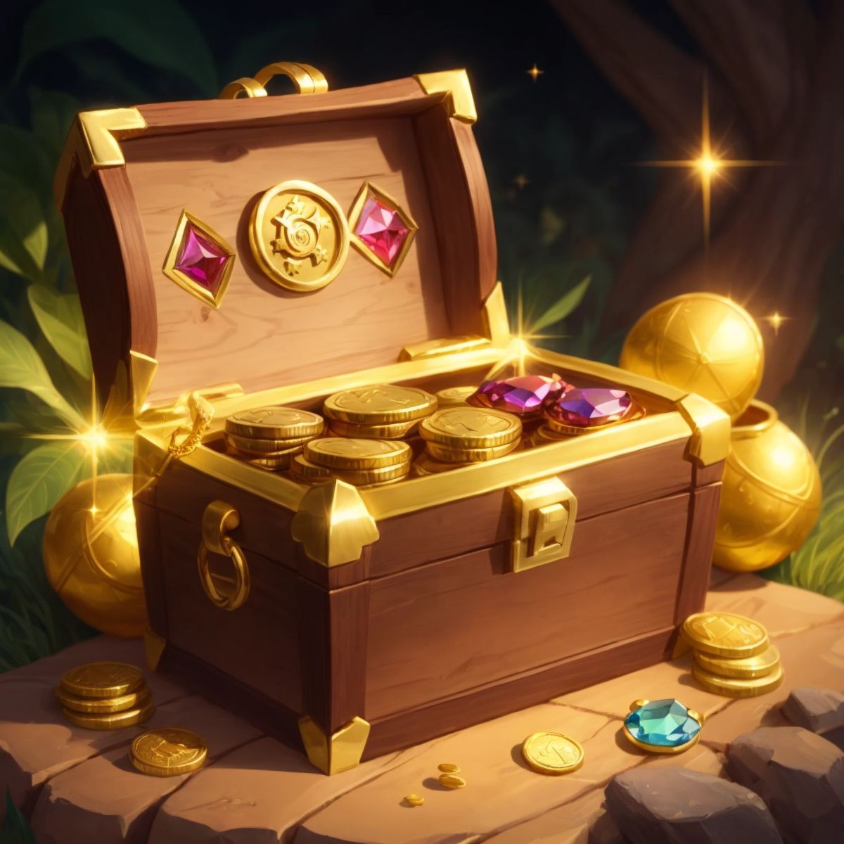 A treasure chest filled with sparkling gems and golden coins