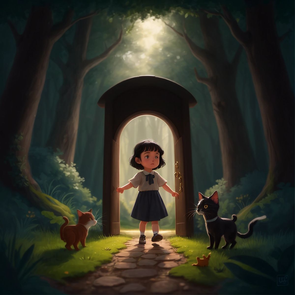 Aliya stepping through a glowing door in the woods