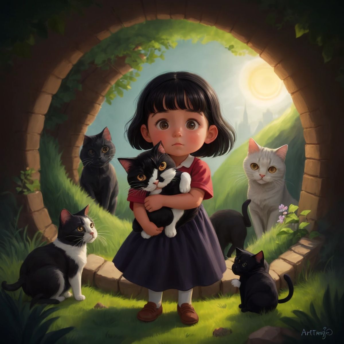 Aliya hugging her cat friends before stepping through a portal