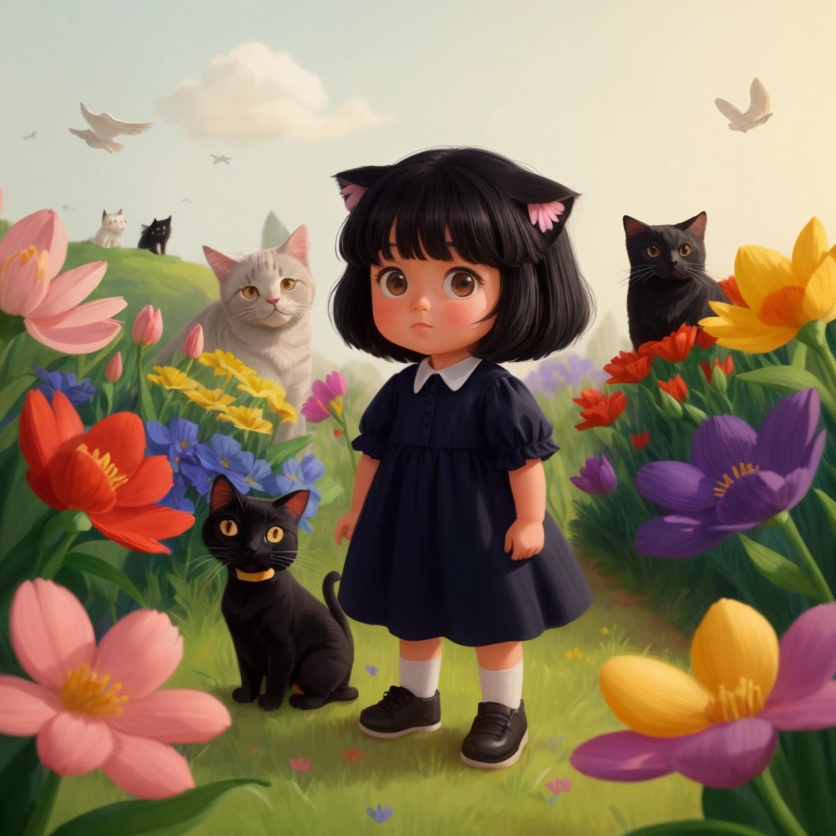 Aliya in a land filled with cats and colorful flowers