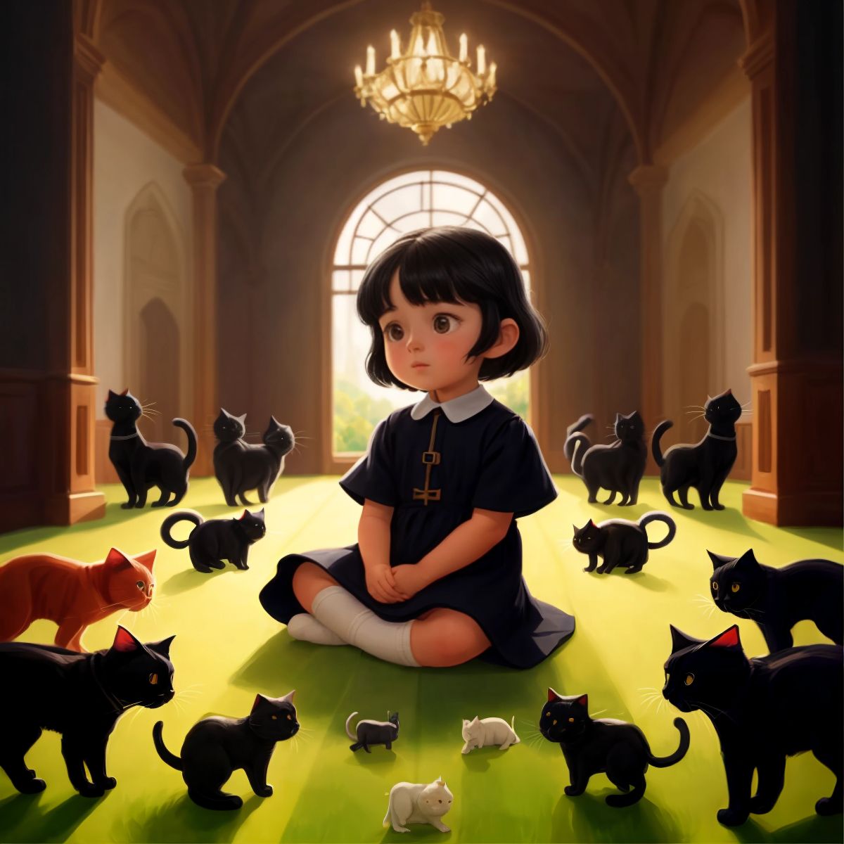 Aliya sitting in a grand hall with a council of cats