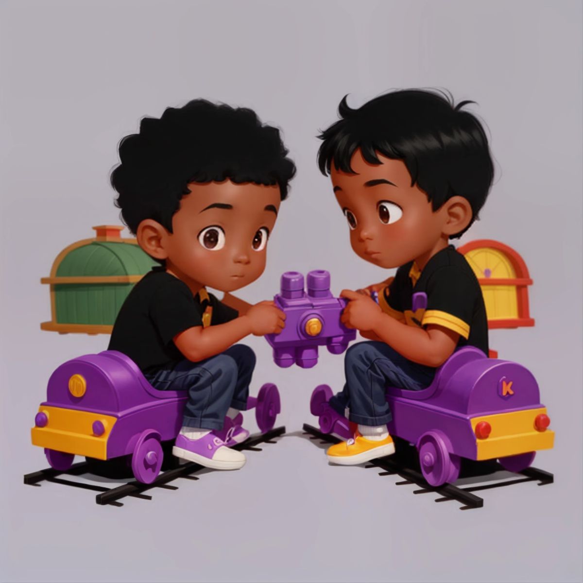 Zion and Messiah playing with the purple train with their friends