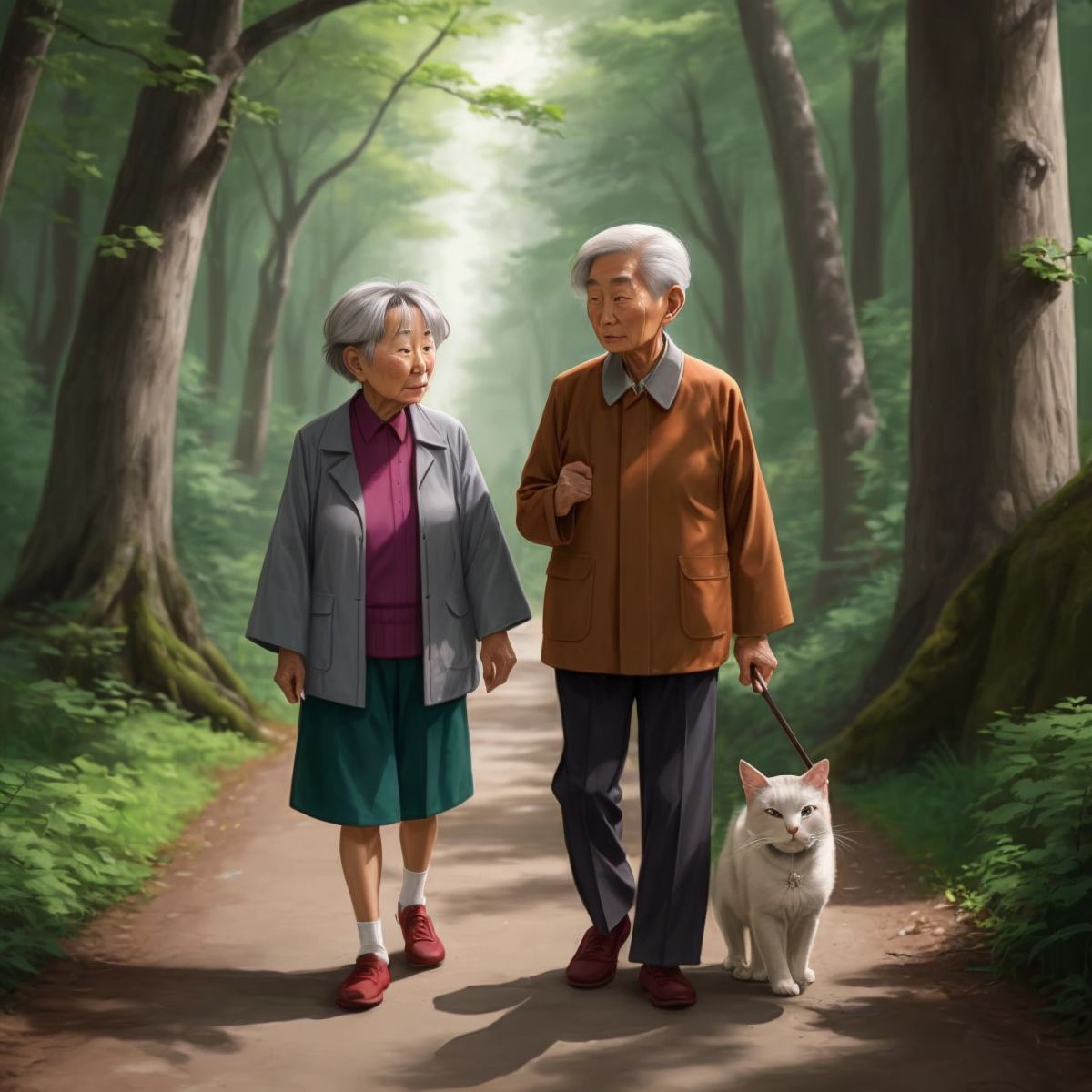 A family walking continuously in the forest