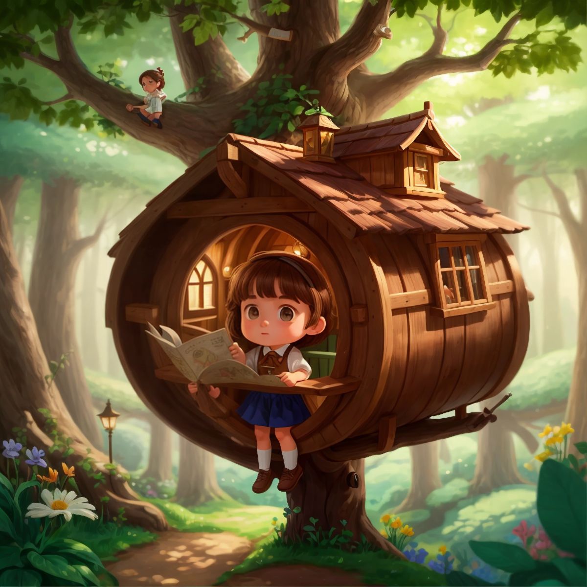 Lily looking at a magical map inside the treehouse