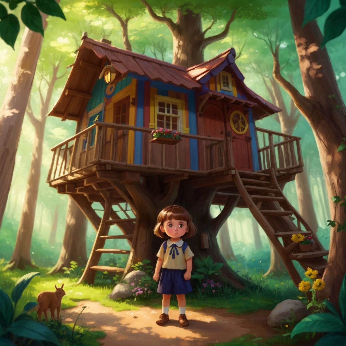 Lily standing in front of a colorful treehouse