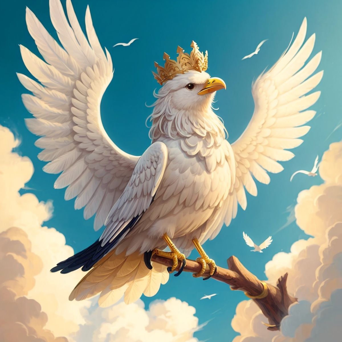 Glory, a majestic bird with white feathers and a golden crown, surrounded by clouds