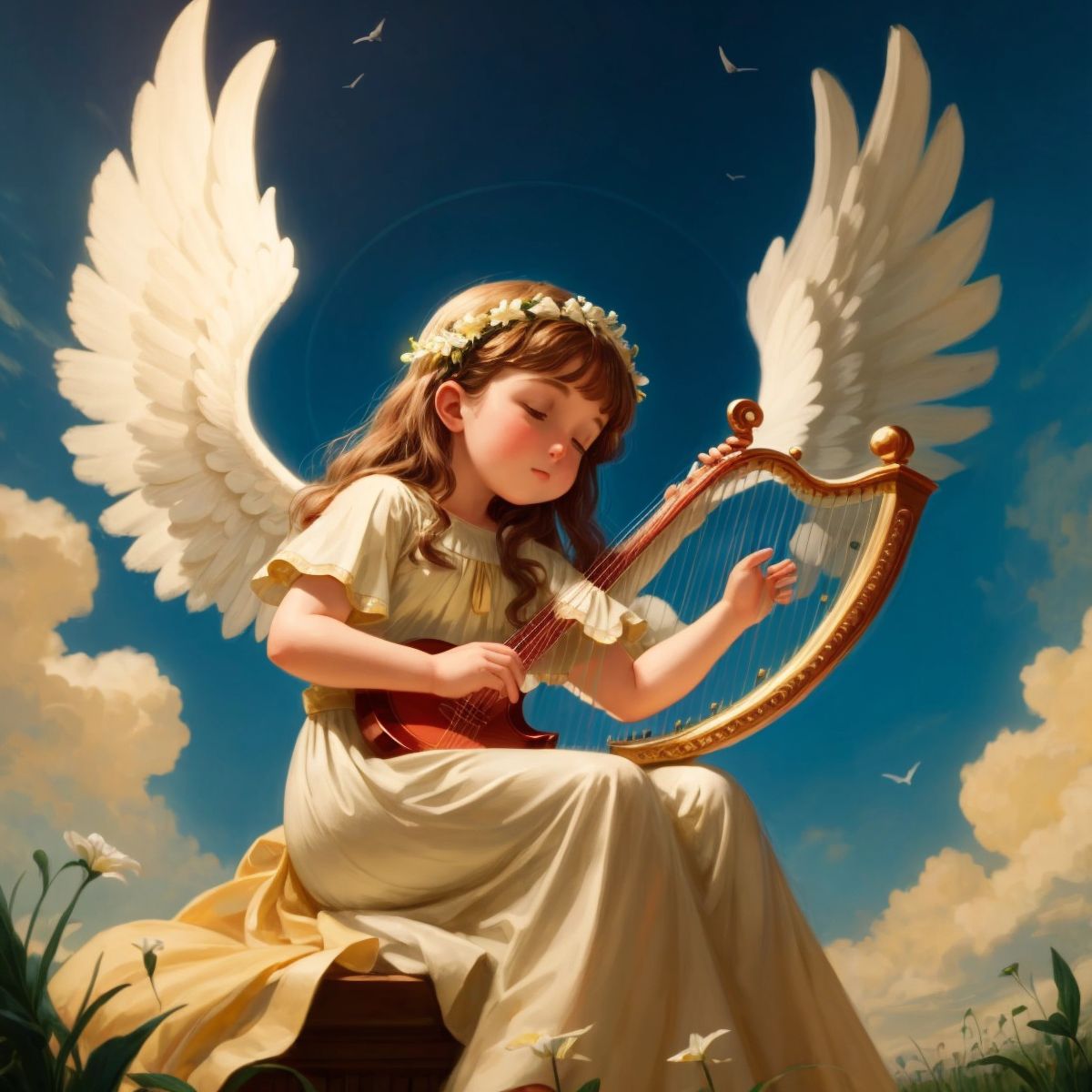 Angelica, a large angel playing a harp