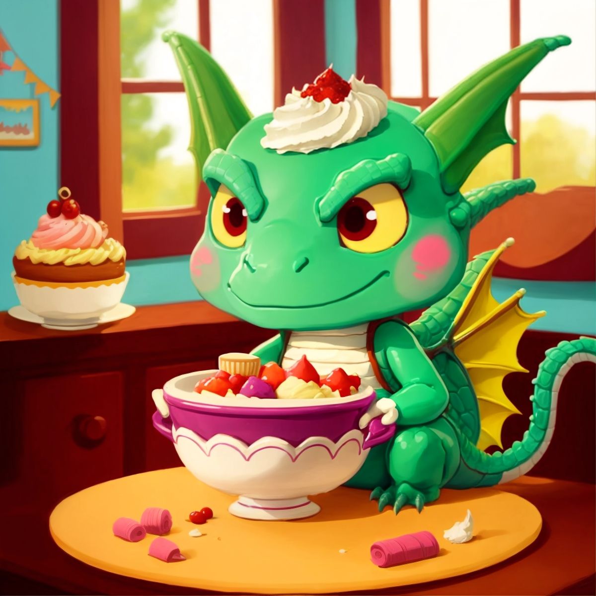 Debbie the dragon looking sad with a bowl of cake mix in front of her