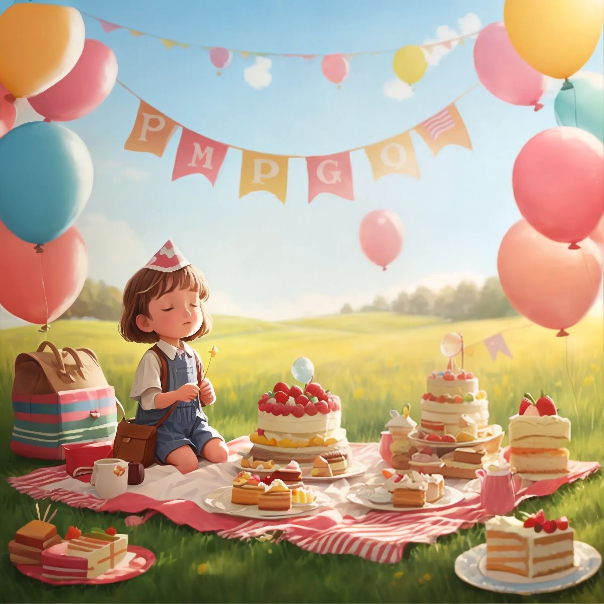 A picnic blanket with balloons, banners, and a cake