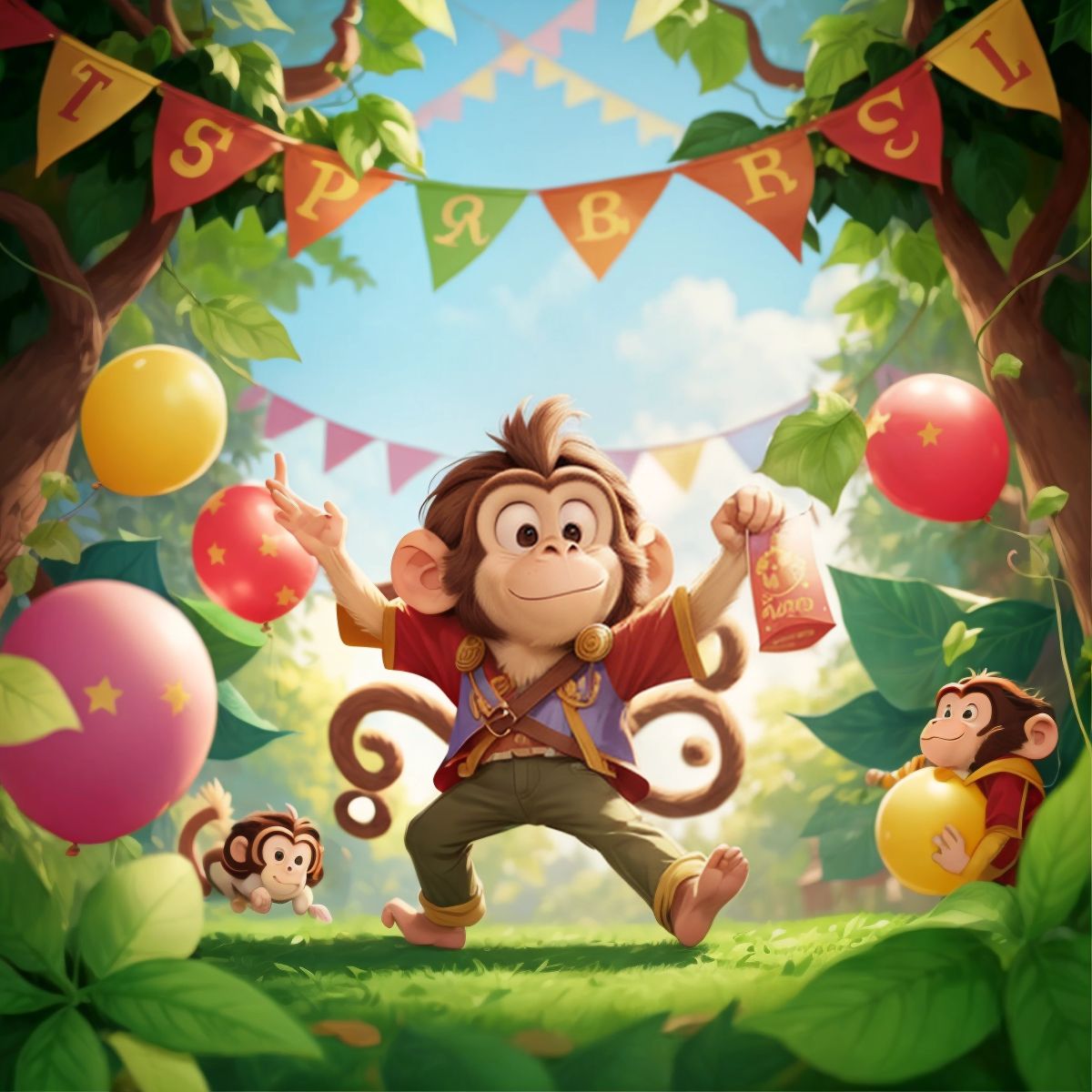 Marley the monkey tangled in vines and a party banner