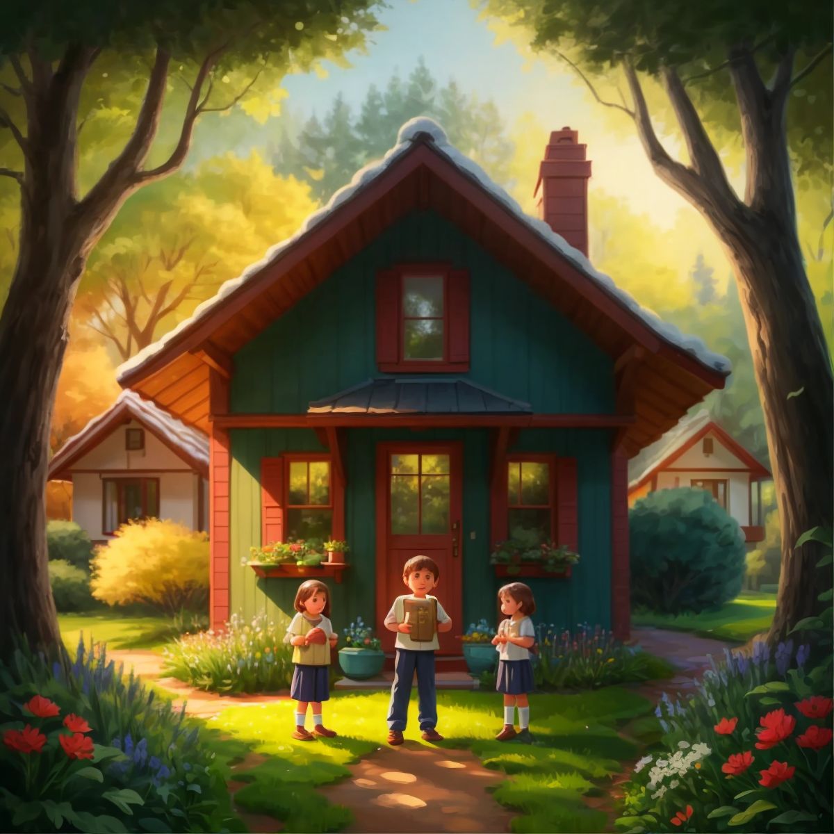 Noah and his family in front of a cozy house, surrounded by nature