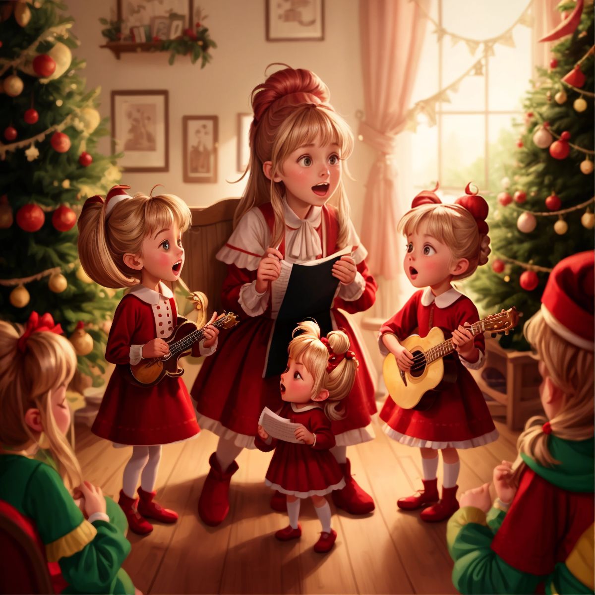 Cindy Lou and her family singing joyful songs in the town