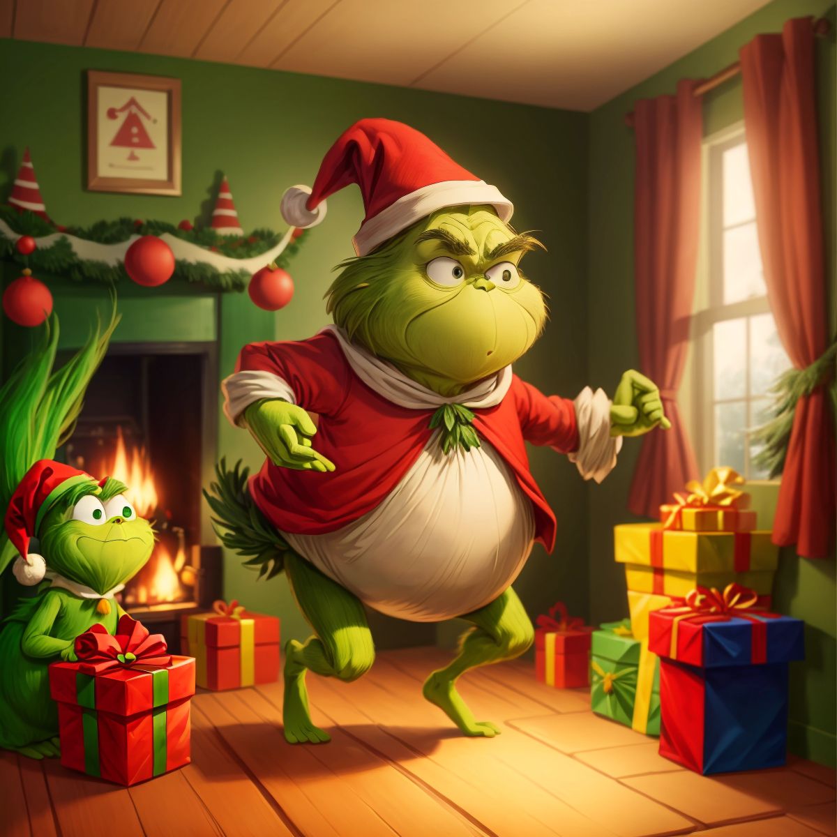 The Grinch sneaking into a house with a sack full of presents