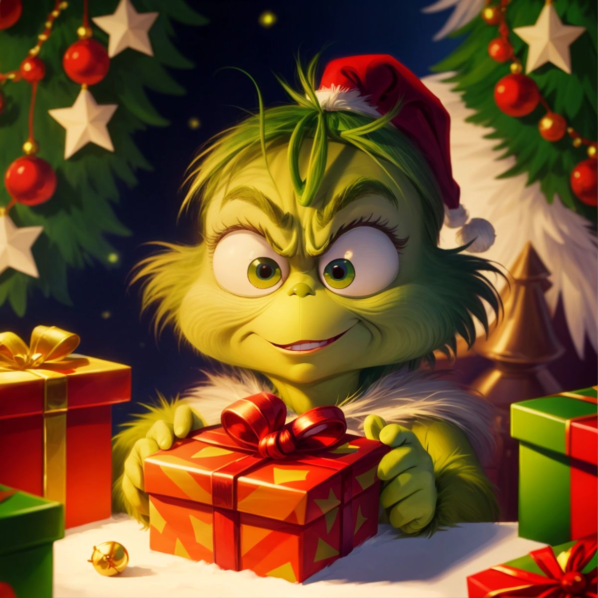 The Grinch looking surprised at a gift left for him